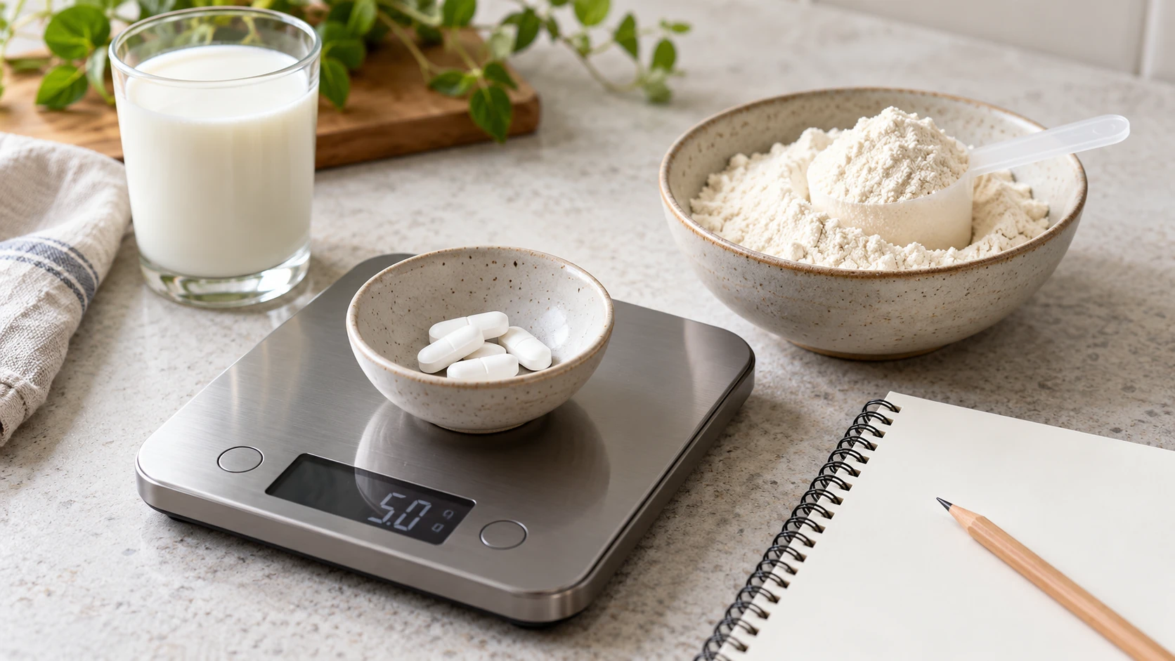 Aminosäurentabletten auf einer Küchenwaage neben Proteinpulver und Milch – KI-generierte Illustration