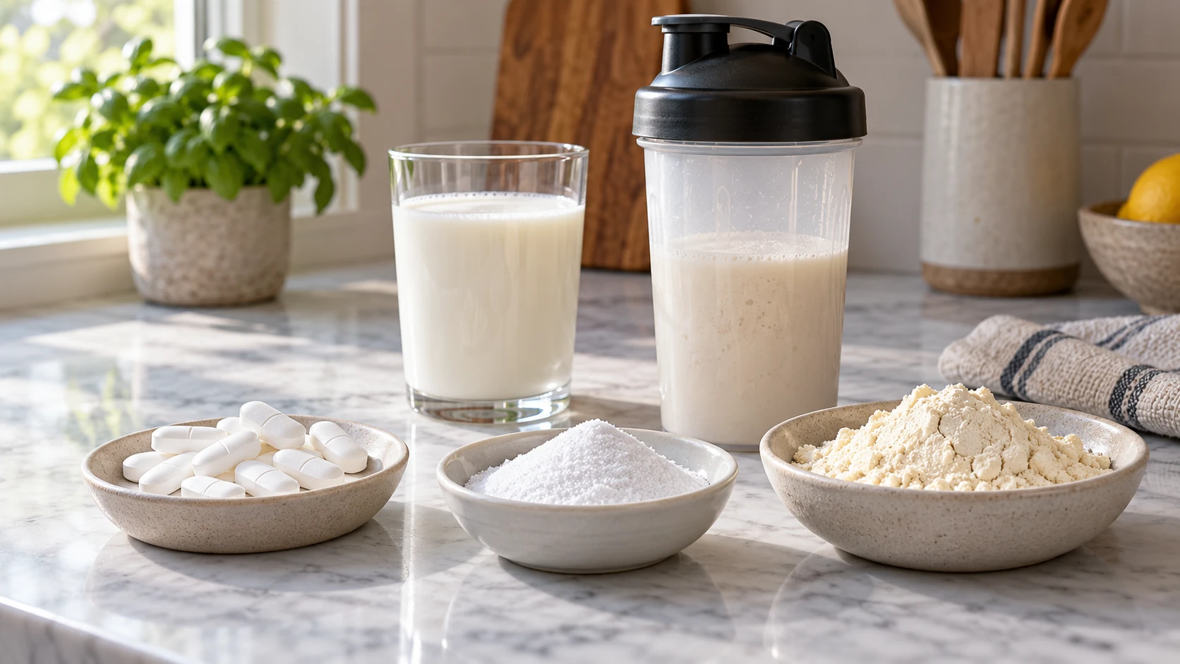 Tabletten, Aminosäurenpulver und Wheypulver in getrennten Schalen neben Milch und Shaker – KI-generierte Illustration