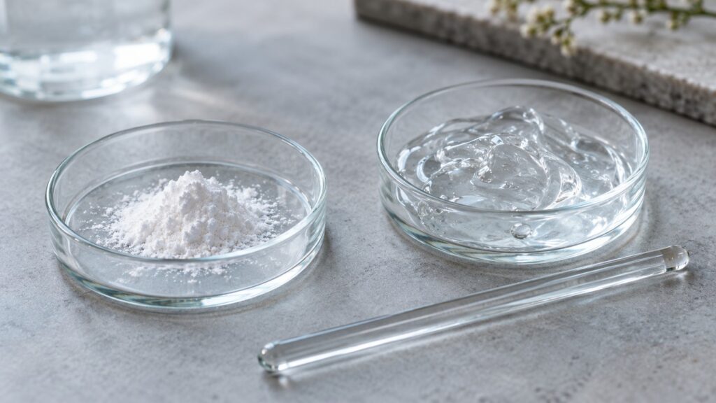 Feines weißes Kosmetikpulver und transparente Gelprobe in getrennten Glasgefäßen