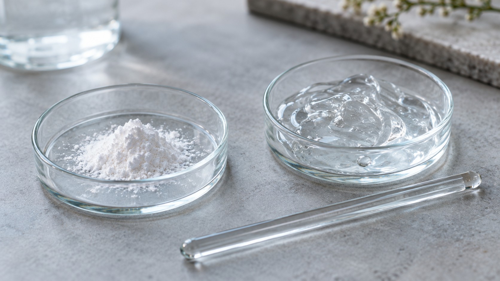 Feines weißes Kosmetikpulver und transparente Gelprobe in getrennten Glasgefäßen