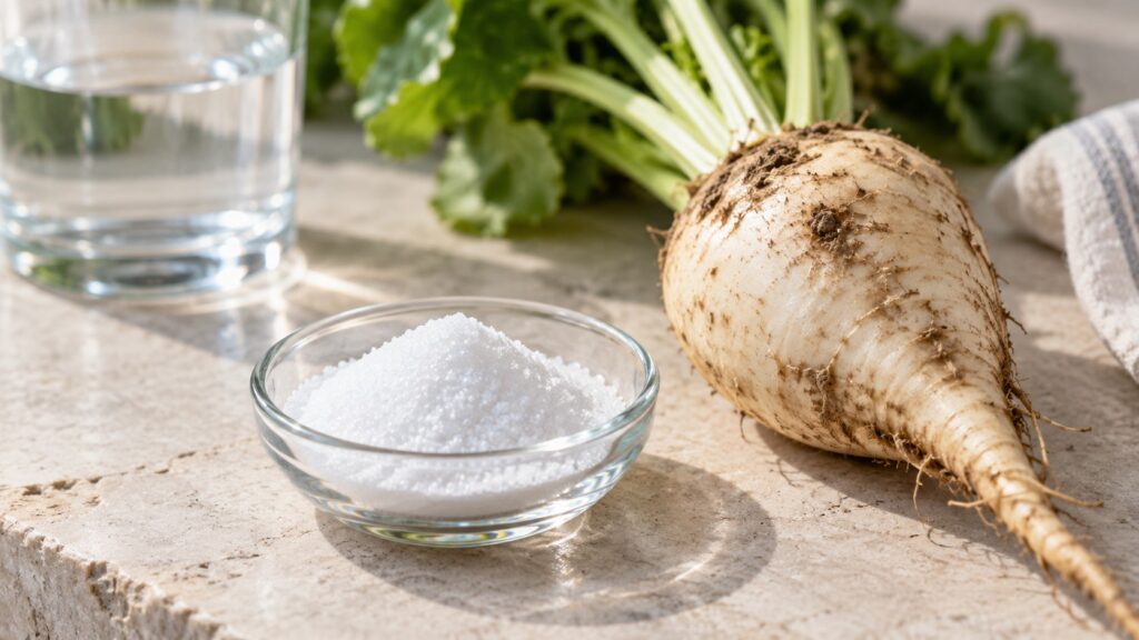 Kristallines weißes Pulver in einer neutralen Schale neben einer Zuckerrübe