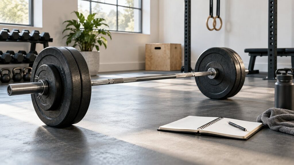 Langhantel und Trainingsnotizbuch in einem hellen Krafttrainingsraum
