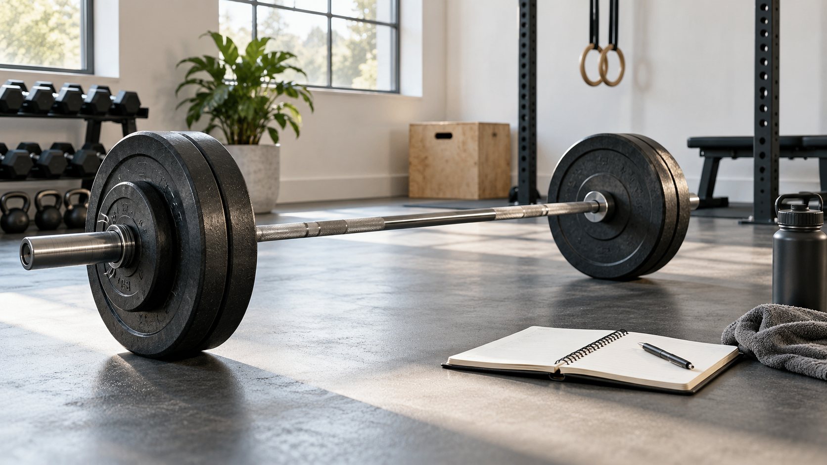 Langhantel und Trainingsnotizbuch in einem hellen Krafttrainingsraum
