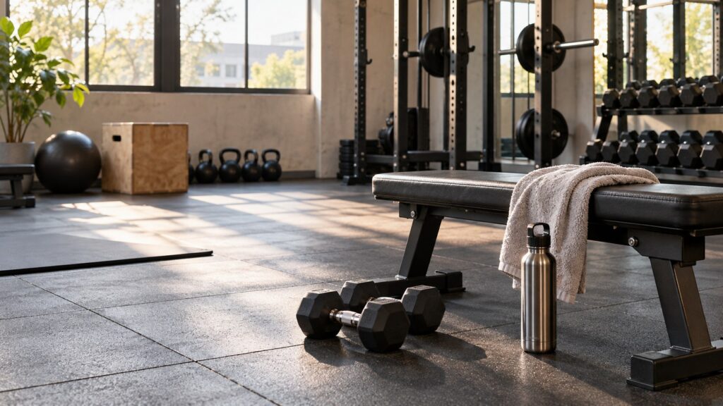 Leerer Trainingsraum mit Hanteln, Wasserflasche und Handtuch als Symbol für Regeneration