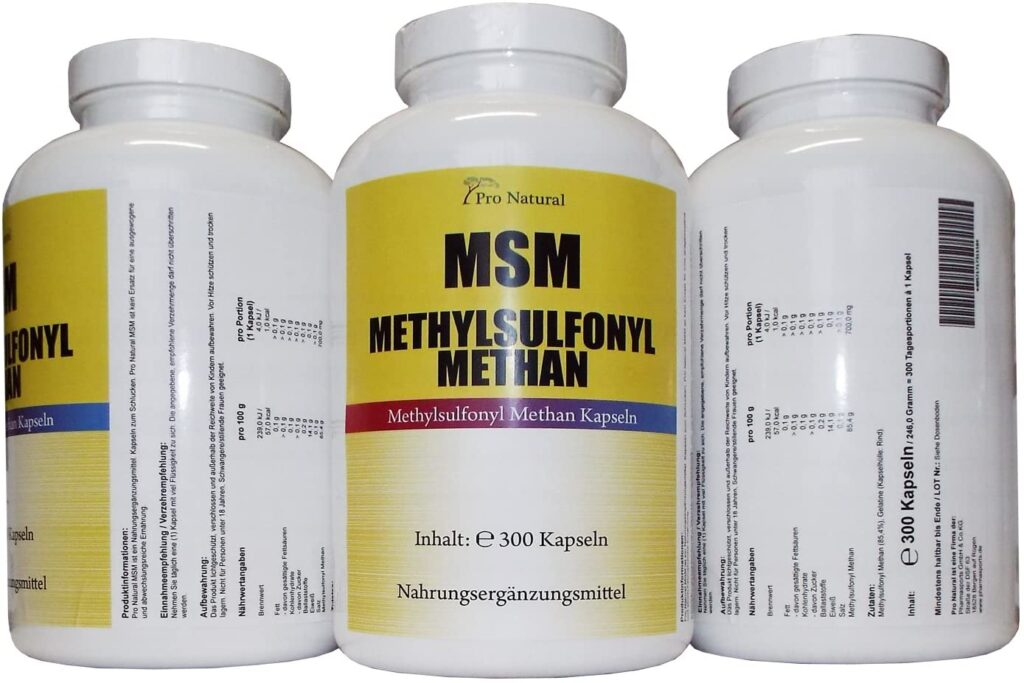 Mehrere Packungen mit MSM-Kapseln und MSM-Pulver