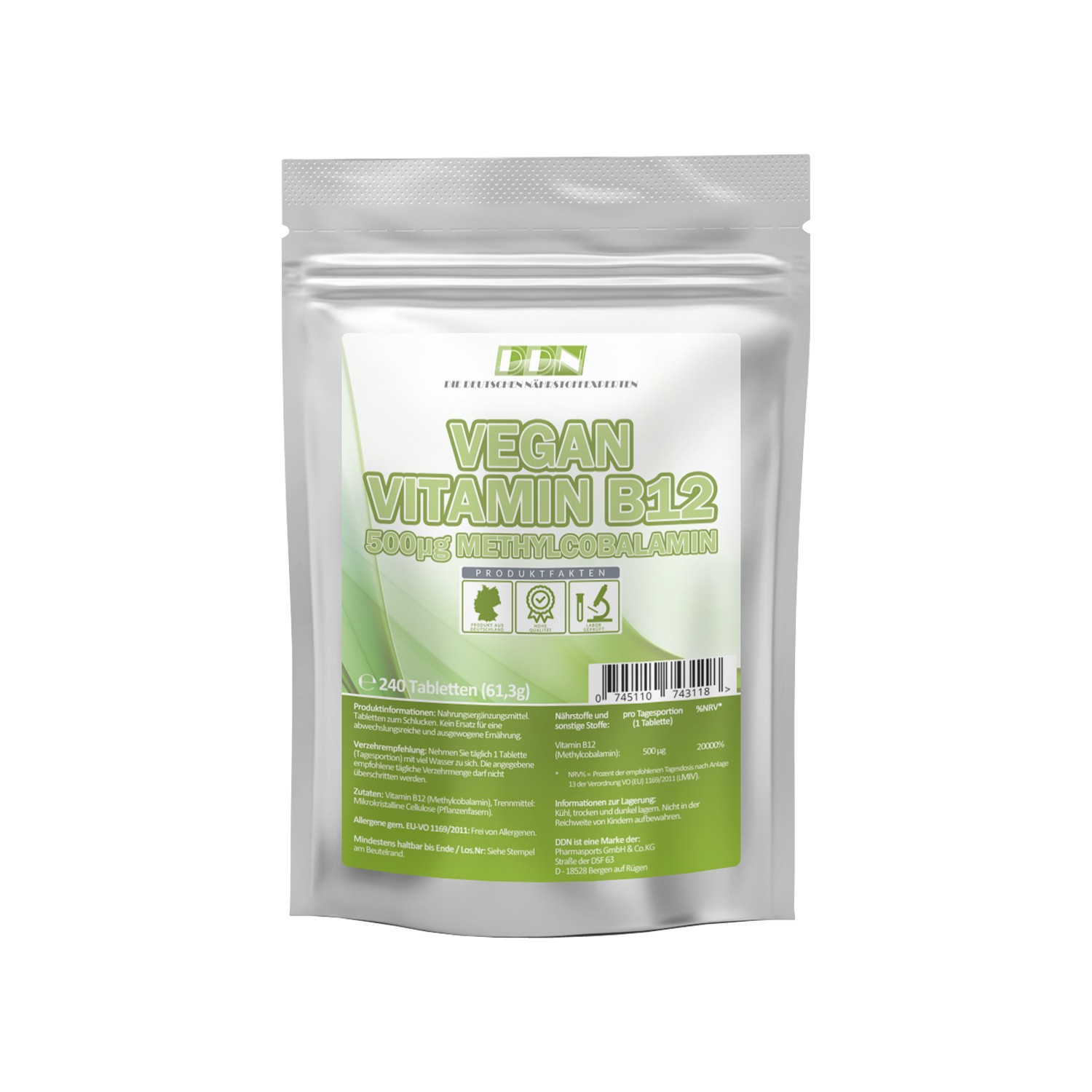Vitamin B12 hochdosiert 500 µg | Vegan & Abgefüllt in DE | 240 Tabletten