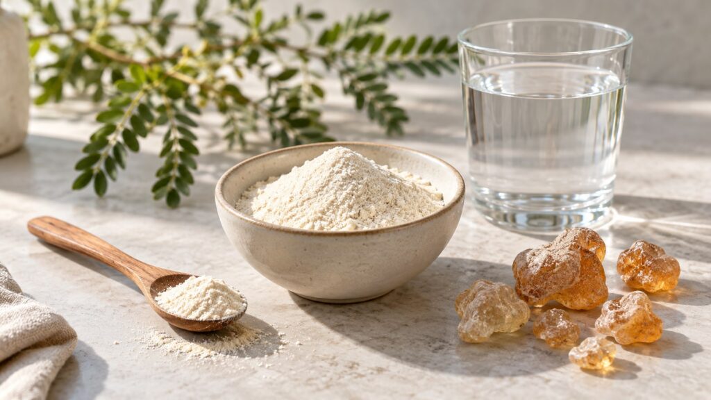 Akazienfaser-Pulver mit Gummi-arabicum-Stücken und Wasserglas – KI-generiertes Symbolbild