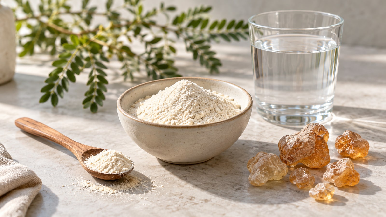 Akazienfaser-Pulver mit Gummi-arabicum-Stücken und Wasserglas – KI-generiertes Symbolbild