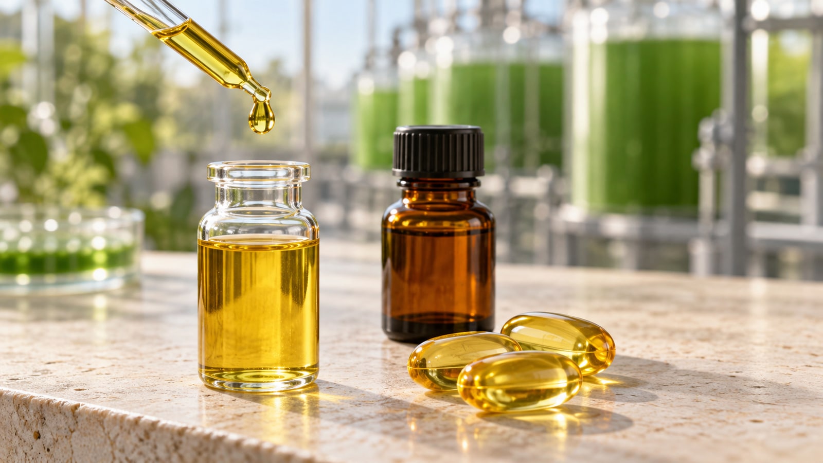 Goldenes Algenöl mit Glaspipette und Kapseln – KI-generiertes Symbolbild zu DHA und EPA
