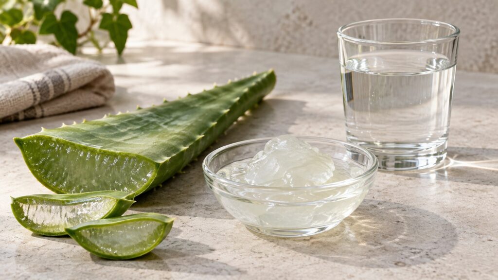 Aufgeschnittenes Aloe-Blatt mit innerem Gel und Wasserglas – KI-generiertes Symbolbild