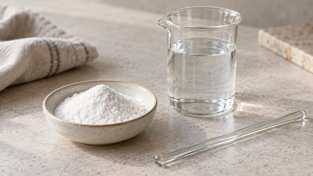 Weißes Faserpulver in Keramikschale mit Wasserbecher und Glasstab – KI-generiertes Symbolbild