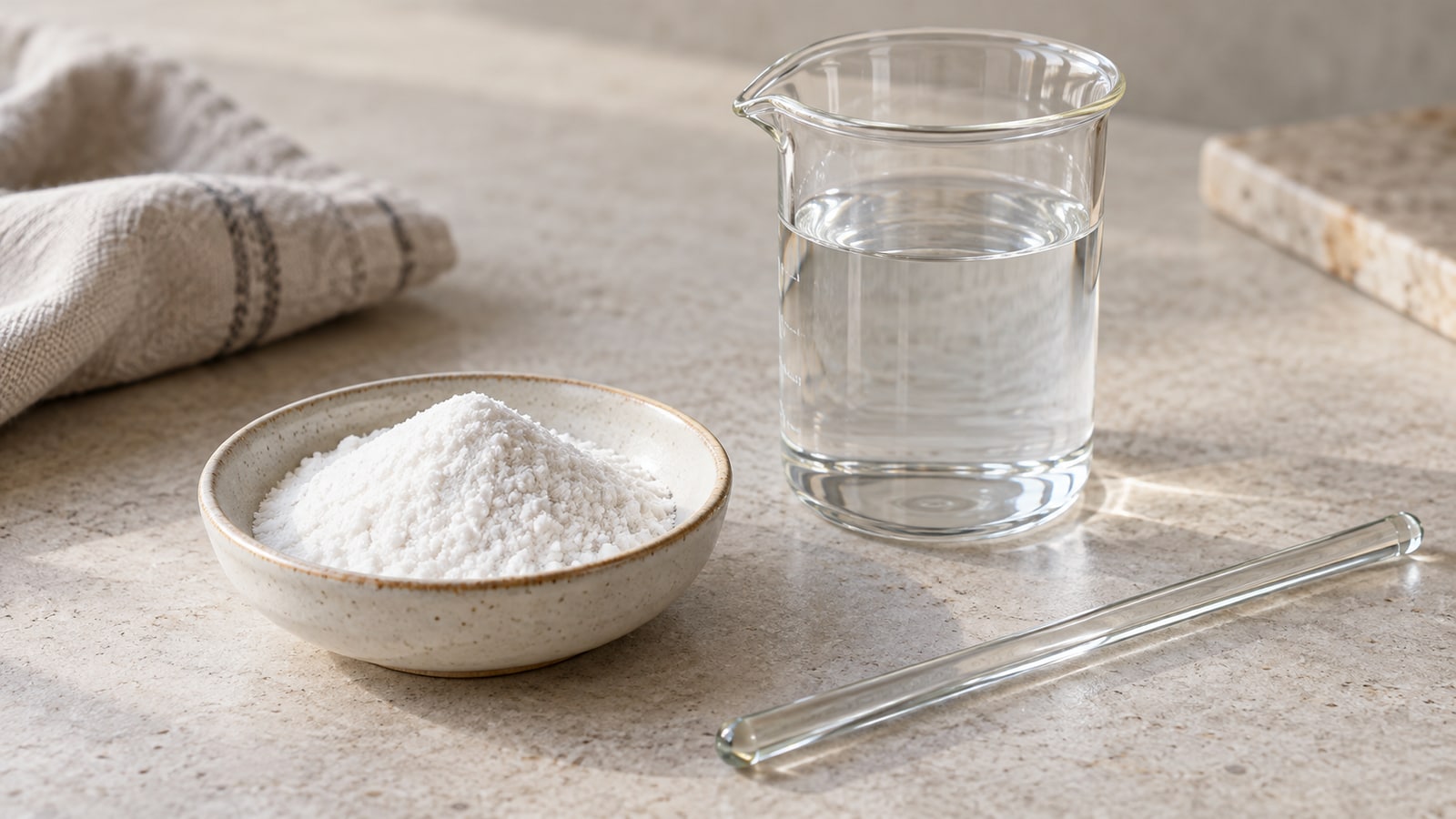 Weißes Faserpulver in Keramikschale mit Wasserbecher und Glasstab – KI-generiertes Symbolbild
