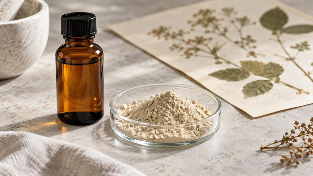 Pflanzenstoff-Pulver und neutrales Fläschchen vor Herbarium – KI-generiertes Symbolbild zu Amentoflavon