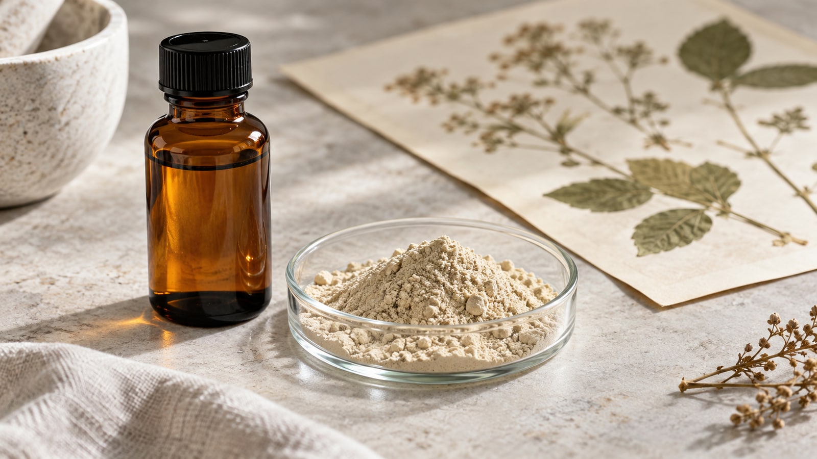 Pflanzenstoff-Pulver und neutrales Fläschchen vor Herbarium – KI-generiertes Symbolbild zu Amentoflavon