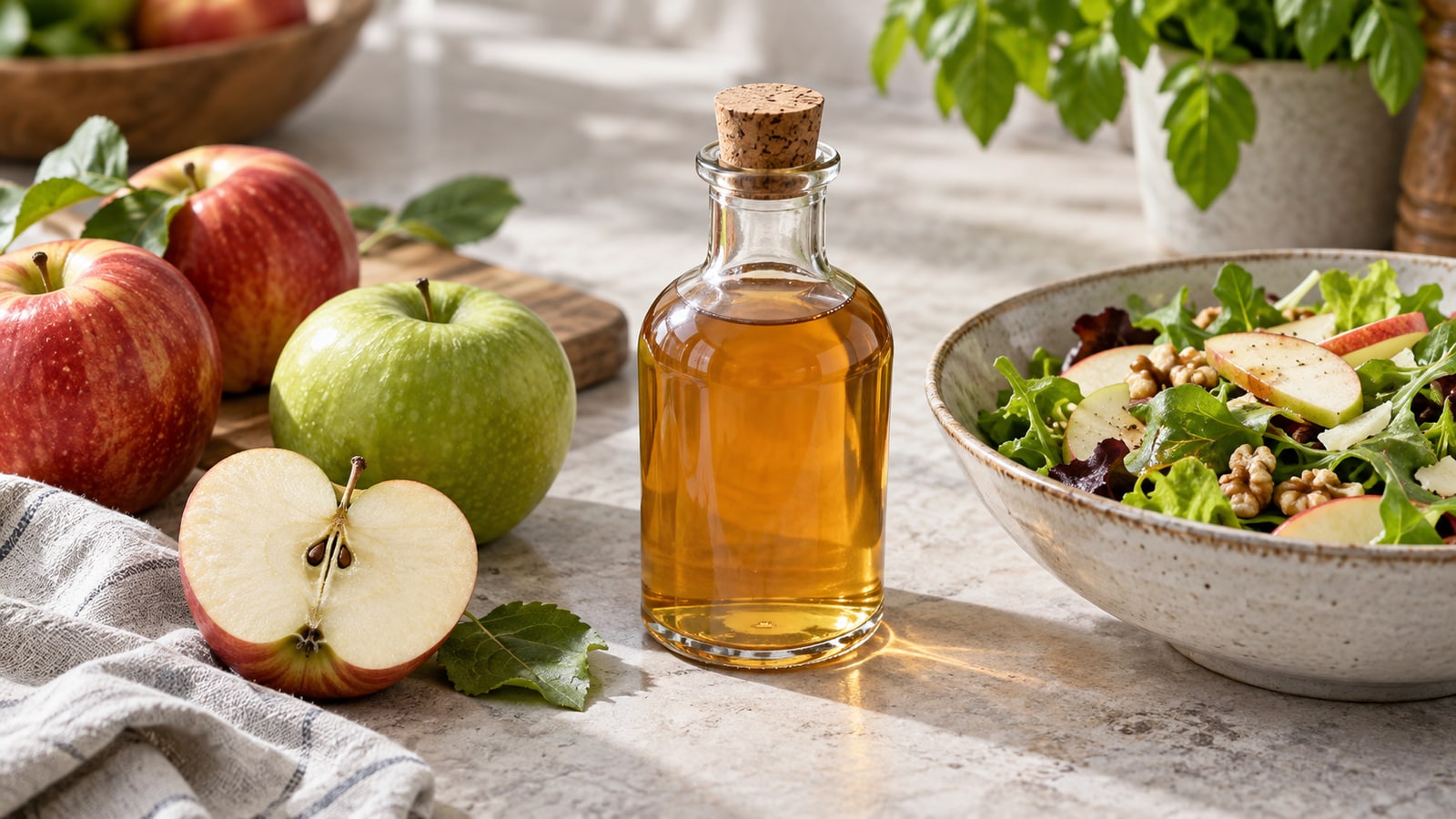 Äpfel, Flasche Apfelessig und Salatschale – KI-generiertes Symbolbild