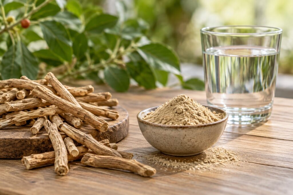 Ashwagandha-Wurzeln und eine Schale mit Wurzelpulver neben einem Wasserglas – KI-generiertes Symbolbild