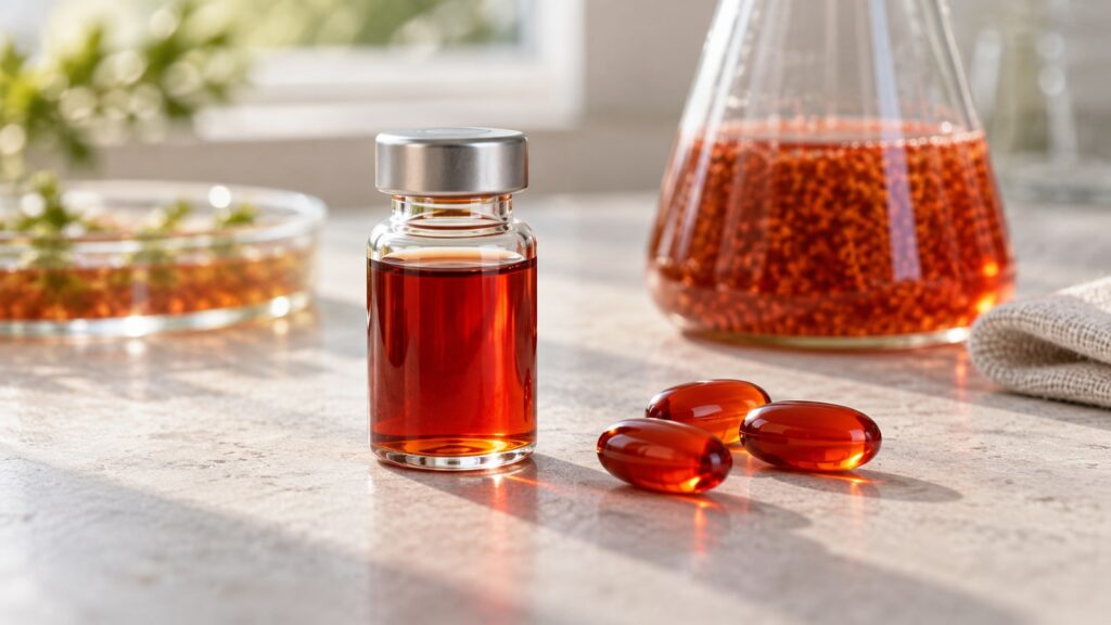 Rotes Algenöl und rote Softgel-Kapseln – KI-generiertes Symbolbild