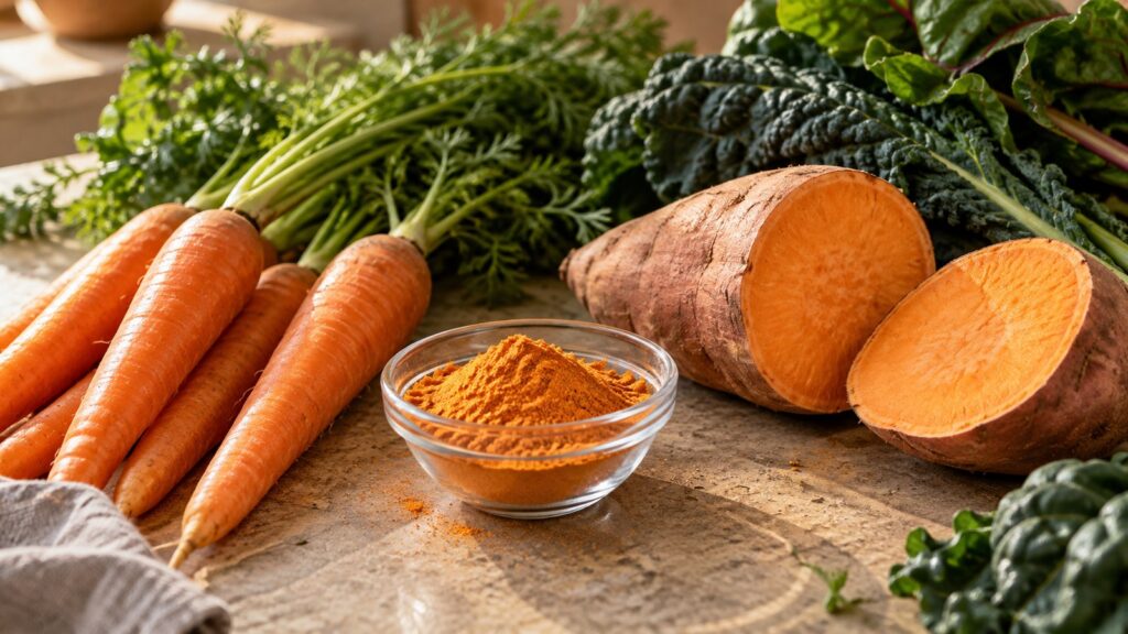 Karotten, Süßkartoffel und Blattgemüse mit orangefarbenem Pulver – KI-generiertes Symbolbild