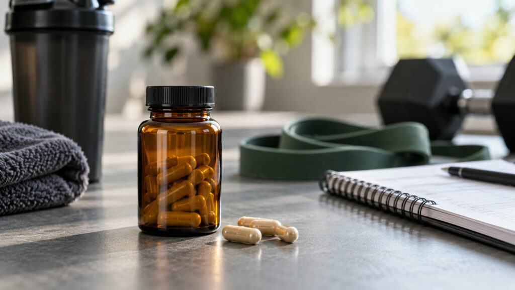 Neutrale Supplementkapseln neben Trainingsnotizen und Widerstandsband