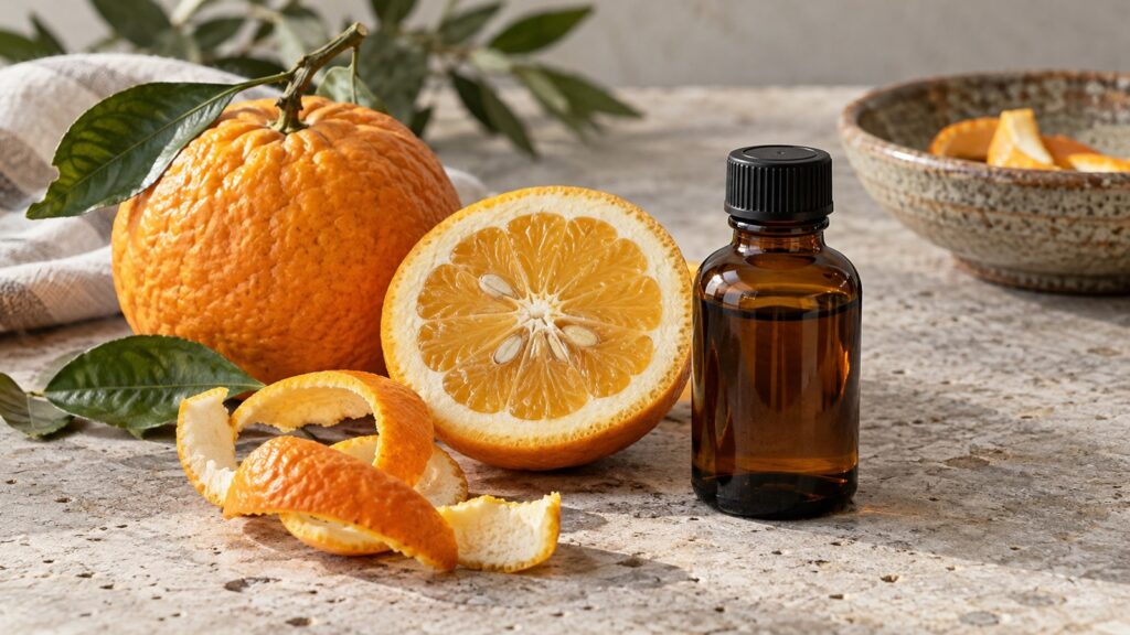Ganze und halbierte Bitterorange mit Schalenstreifen und neutralem Extraktfläschchen – KI-generiertes Symbolbild