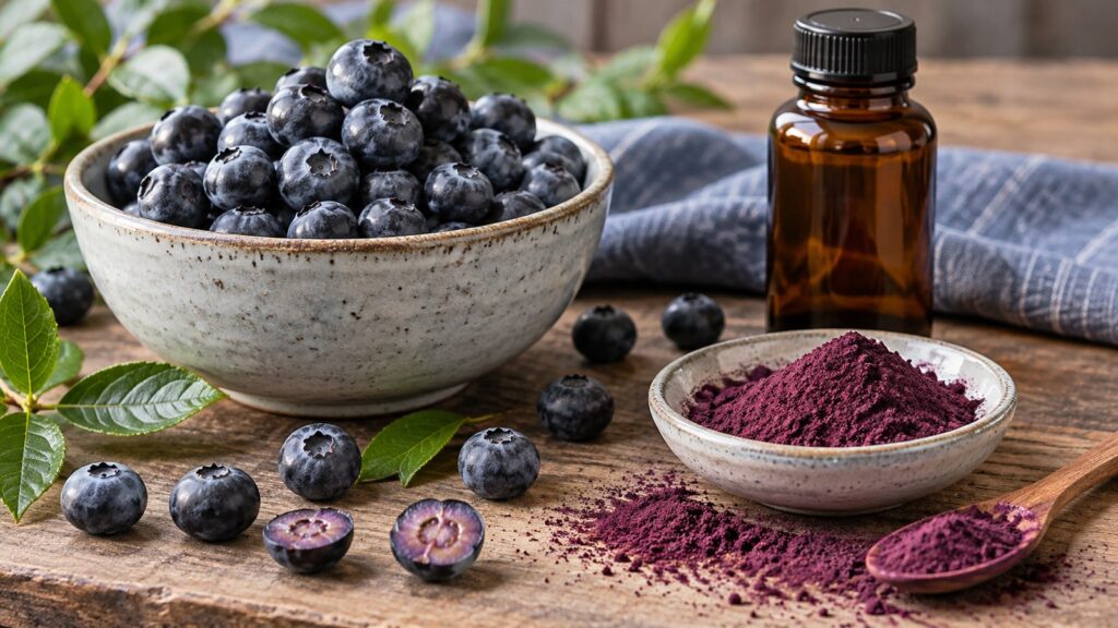 Blaubeeren in Keramikschale mit violettem Fruchtpulver – KI-generiertes Symbolbild