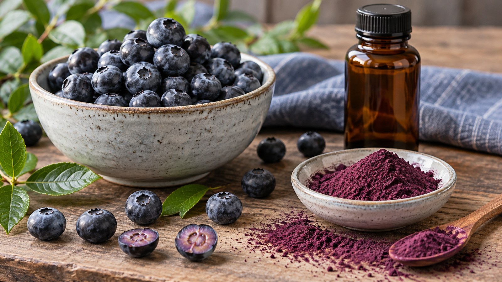 Blaubeeren in Keramikschale mit violettem Fruchtpulver – KI-generiertes Symbolbild