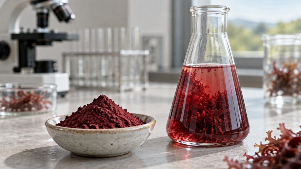 Rotes Mikroalgenpulver und Glaskolben mit roter Flüssigkeit im Labor – KI-generiertes Symbolbild