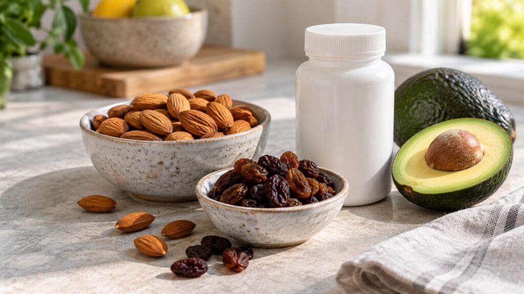 Mandeln, Rosinen und Avocado neben einer neutralen Supplementdose – KI-generiertes Symbolbild