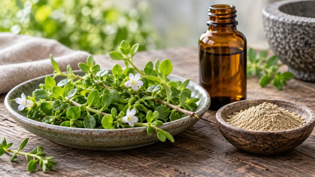 Bacopa-Zweige mit kleinen fleischigen Blättern neben Extraktfläschchen – KI-generiertes Symbolbild