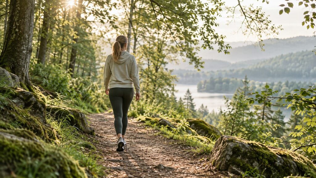 Frau bei einem ruhigen Waldspaziergang im Morgenlicht – KI-generiertes Symbolbild