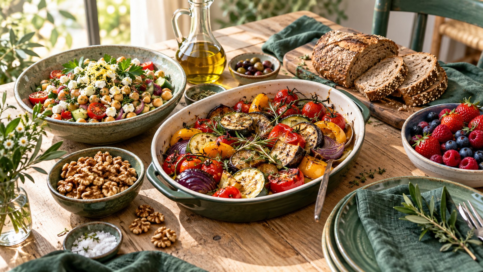 Gemüse, Kichererbsensalat, Vollkornbrot, Beeren und Walnüsse für eine pflanzenbetonte Ernährung – KI-generiertes Symbolbild