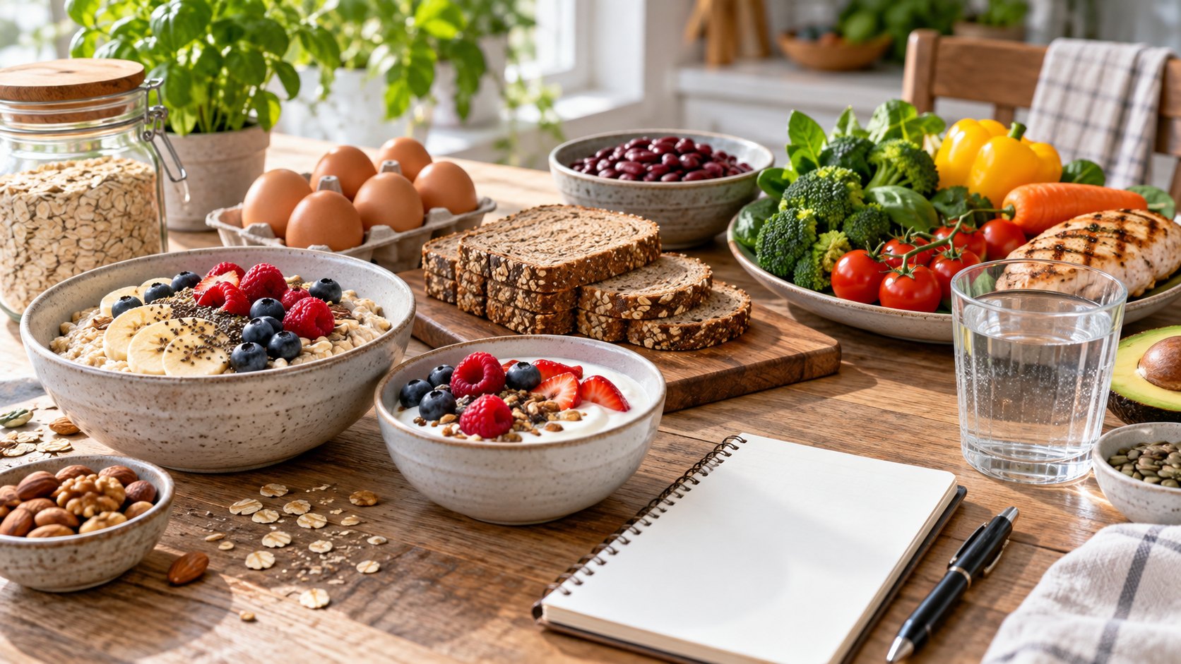 Ausgewogene Lebensmittel für einen Ernährungsplan zum Muskelaufbau auf einem Küchentisch