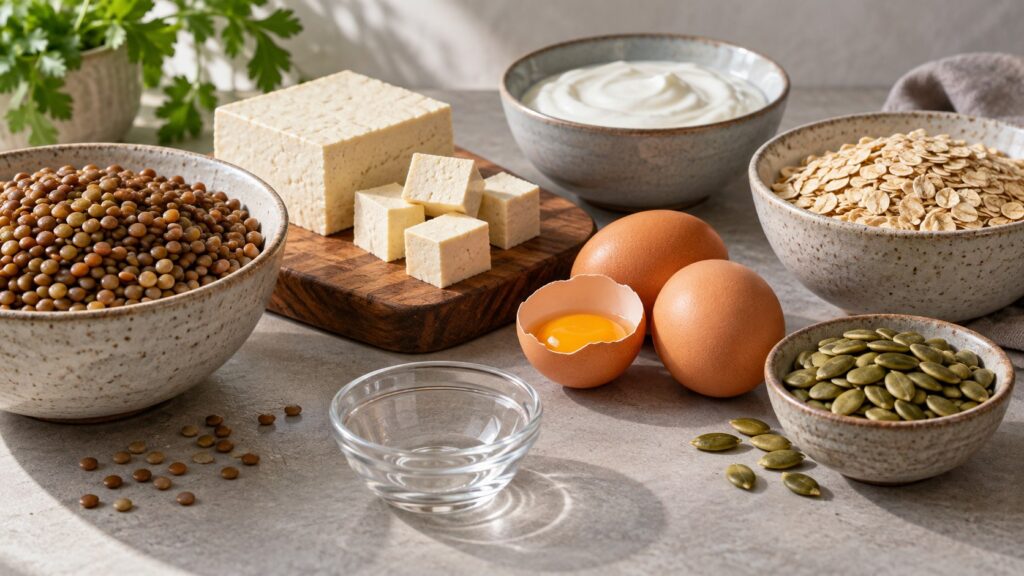 Linsen, Tofu, Eier, Joghurt, Haferflocken und Kürbiskerne als Proteinquellen