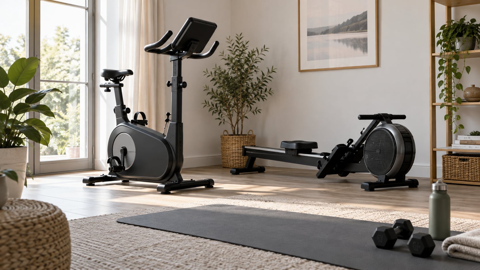 Fitnessgeräte für zu Hause: Fahrradergometer, Rudergerät, Trainingsmatte und Hanteln in einem hellen Trainingsraum