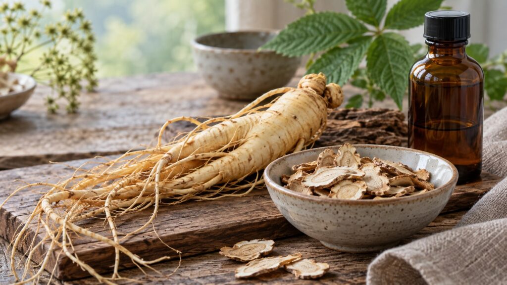 Ginseng-Extrakt – fotorealistisches, KI-generiertes Symbolbild