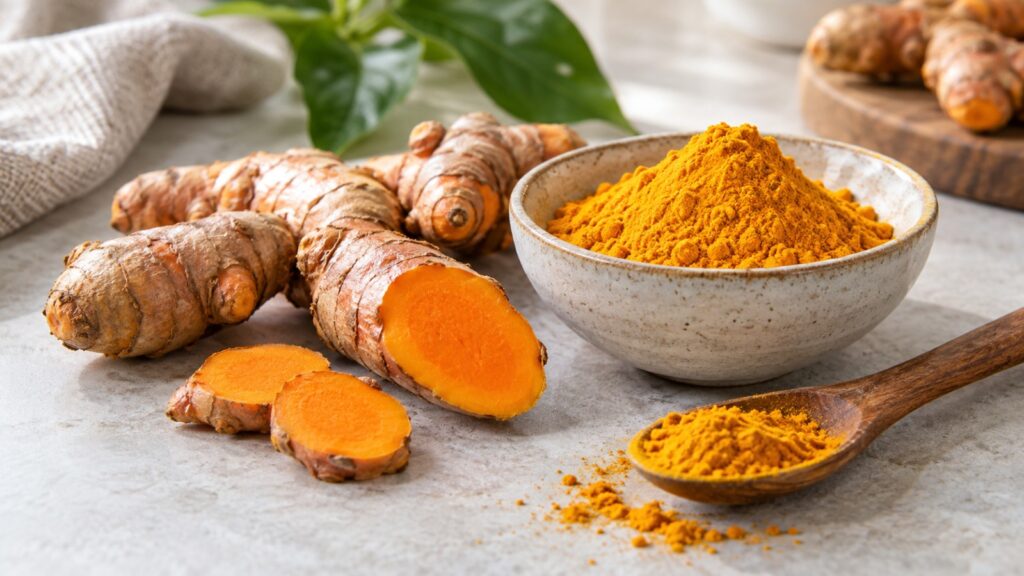 Frische Kurkuma-Rhizome und eine Schale mit goldenem Kurkumapulver – KI-generiertes redaktionelles Symbolbild