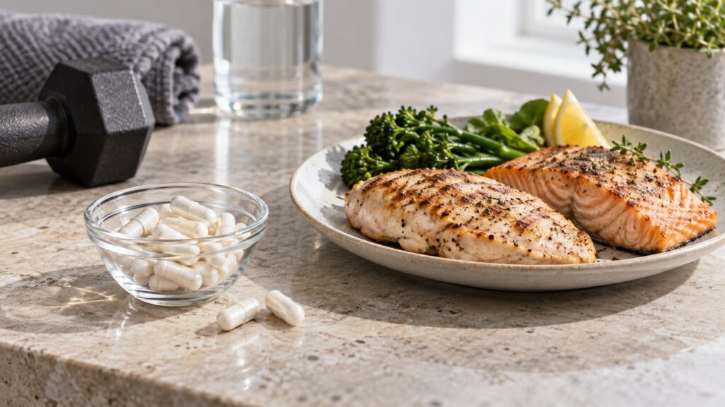 L-Carnosin-Kapseln neben Fisch und Fleisch als Carnosinquellen