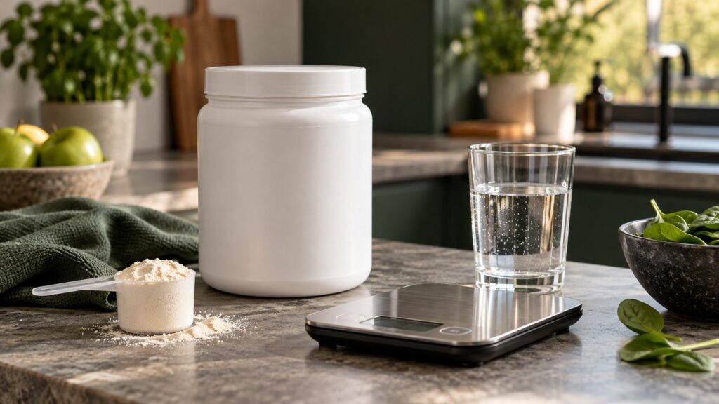 Magnesiumpulver neben Waage und Wasserglas