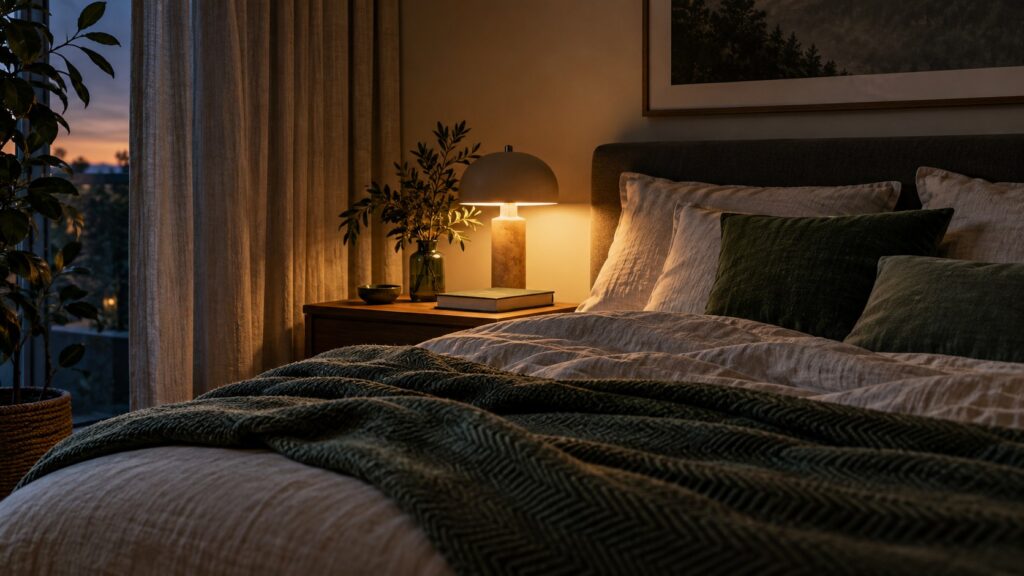 Abgedunkeltes Schlafzimmer mit gedämpfter Beleuchtung – Symbolbild zu Melatonin und Schlaf, KI-generiert