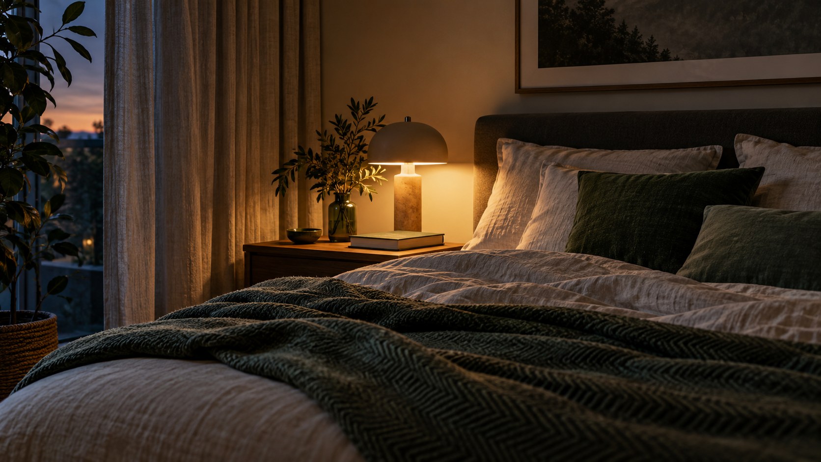 Abgedunkeltes Schlafzimmer mit gedämpfter Beleuchtung – Symbolbild zu Melatonin und Schlaf, KI-generiert