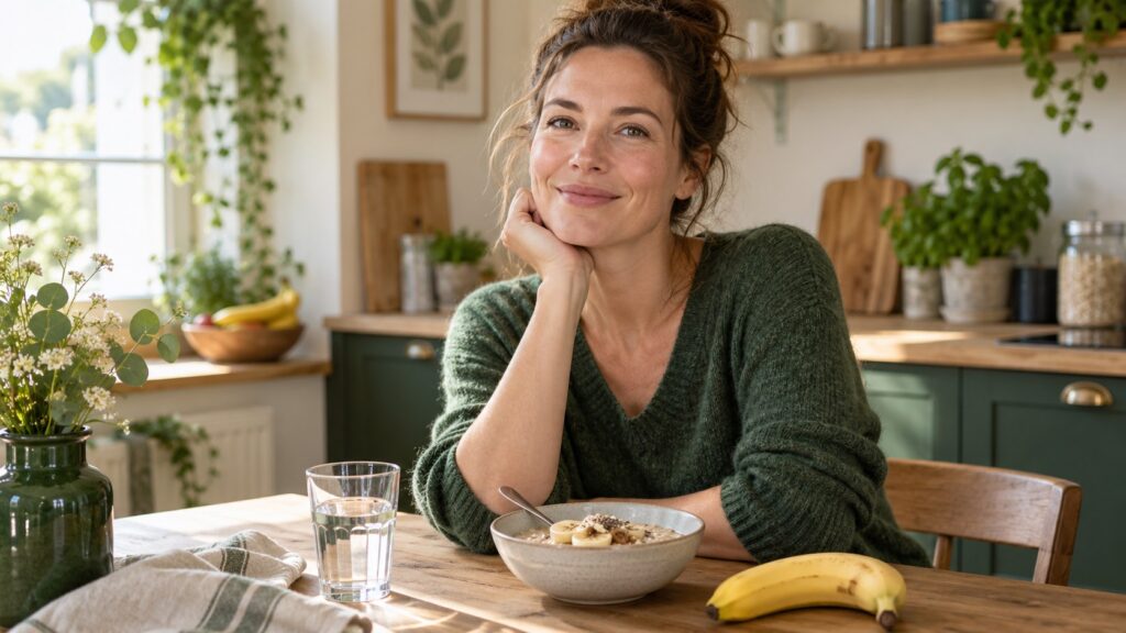 Frau mit kleiner Mahlzeit und Wasserglas am Küchentisch – Symbolbild zu Sodbrennen, KI-generiert