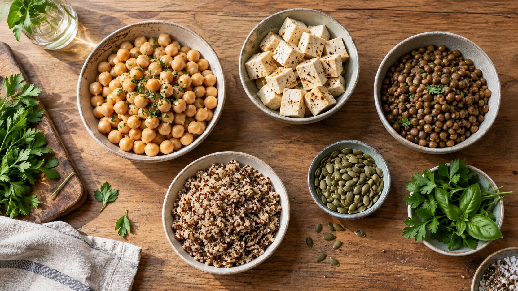 Schalen mit Kichererbsen, Tofu, Linsen, Quinoa und Kürbiskernen als vegane Proteinquellen