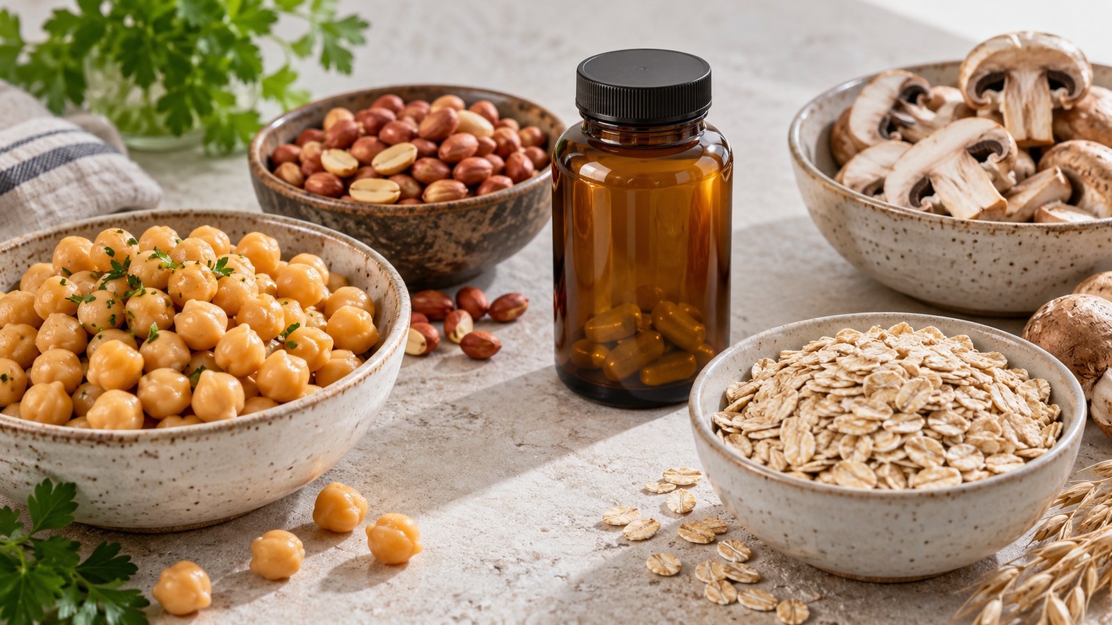 KI-generiertes Symbolbild zu Niacin: Hülsenfrüchte, Erdnüsse, Hafer und Pilze.