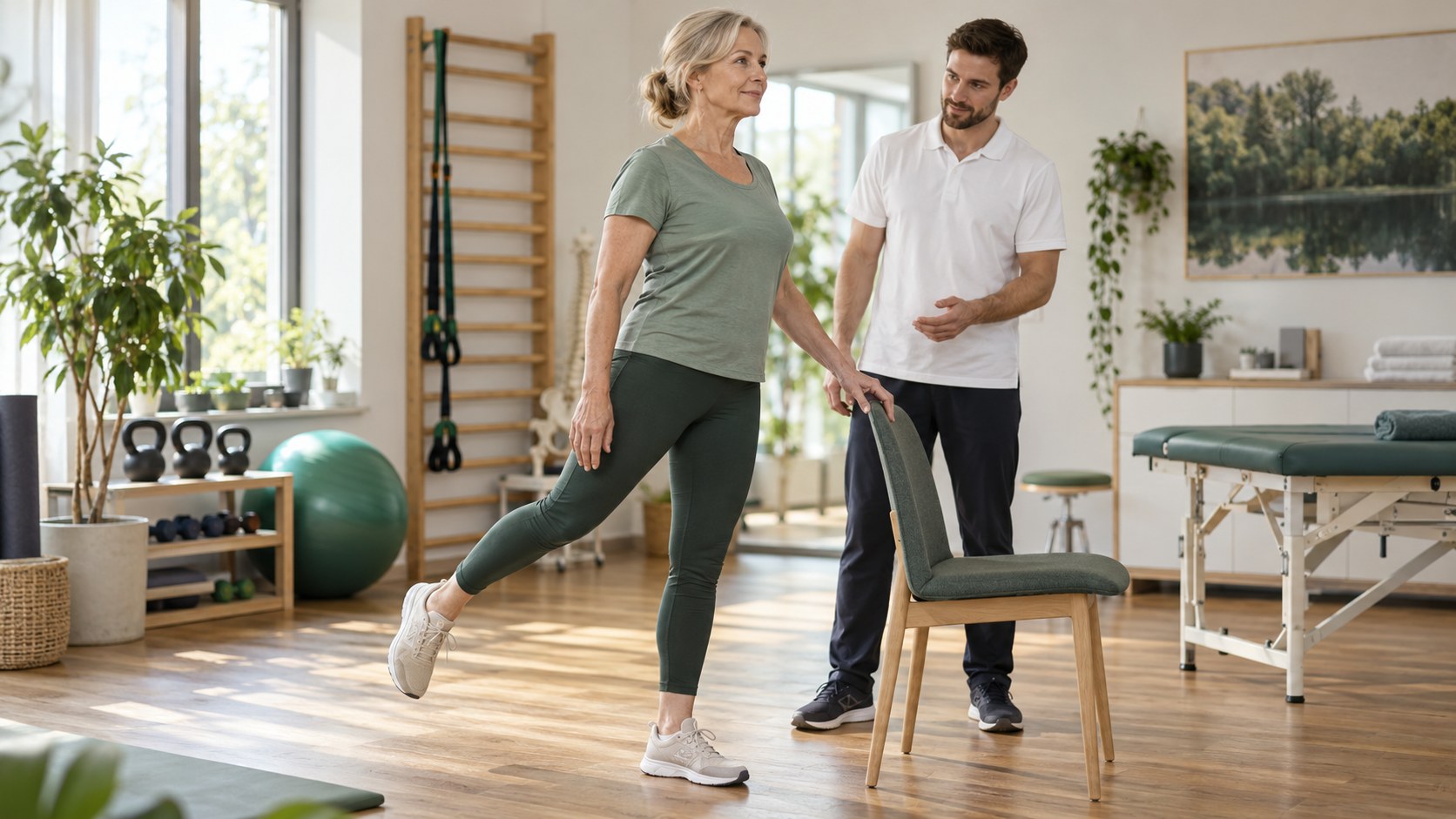Frau bei einer angeleiteten Bewegung neben einem Stuhl – Symbolbild zu Osteochondrose, KI-generiert