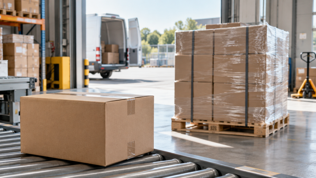 Paket und gesicherte Palette im Versandlager vor einem Lieferfahrzeug – redaktionelles Symbolbild