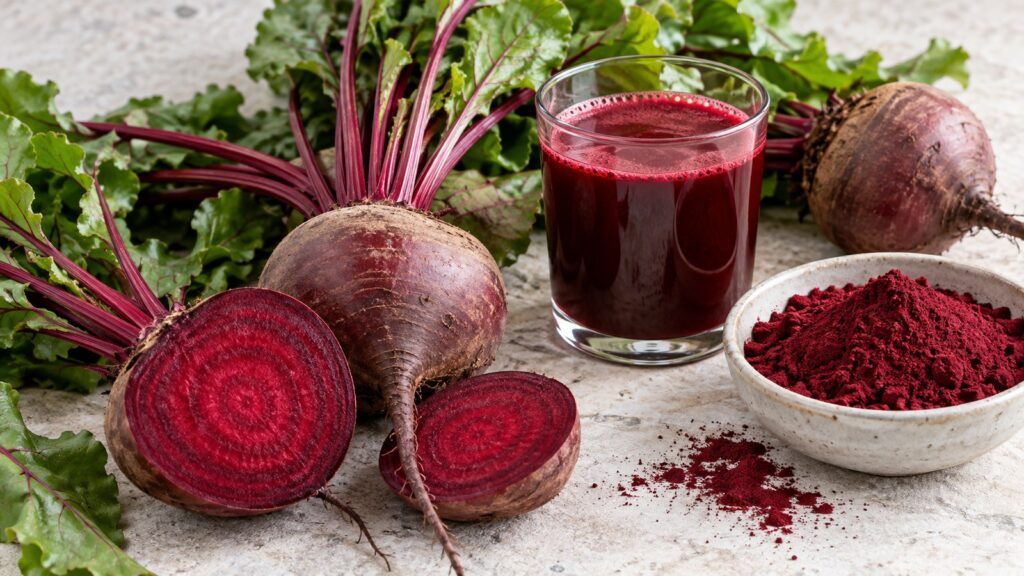 Rote Bete mit Saft und Pulver – KI-generiertes Symbolbild.