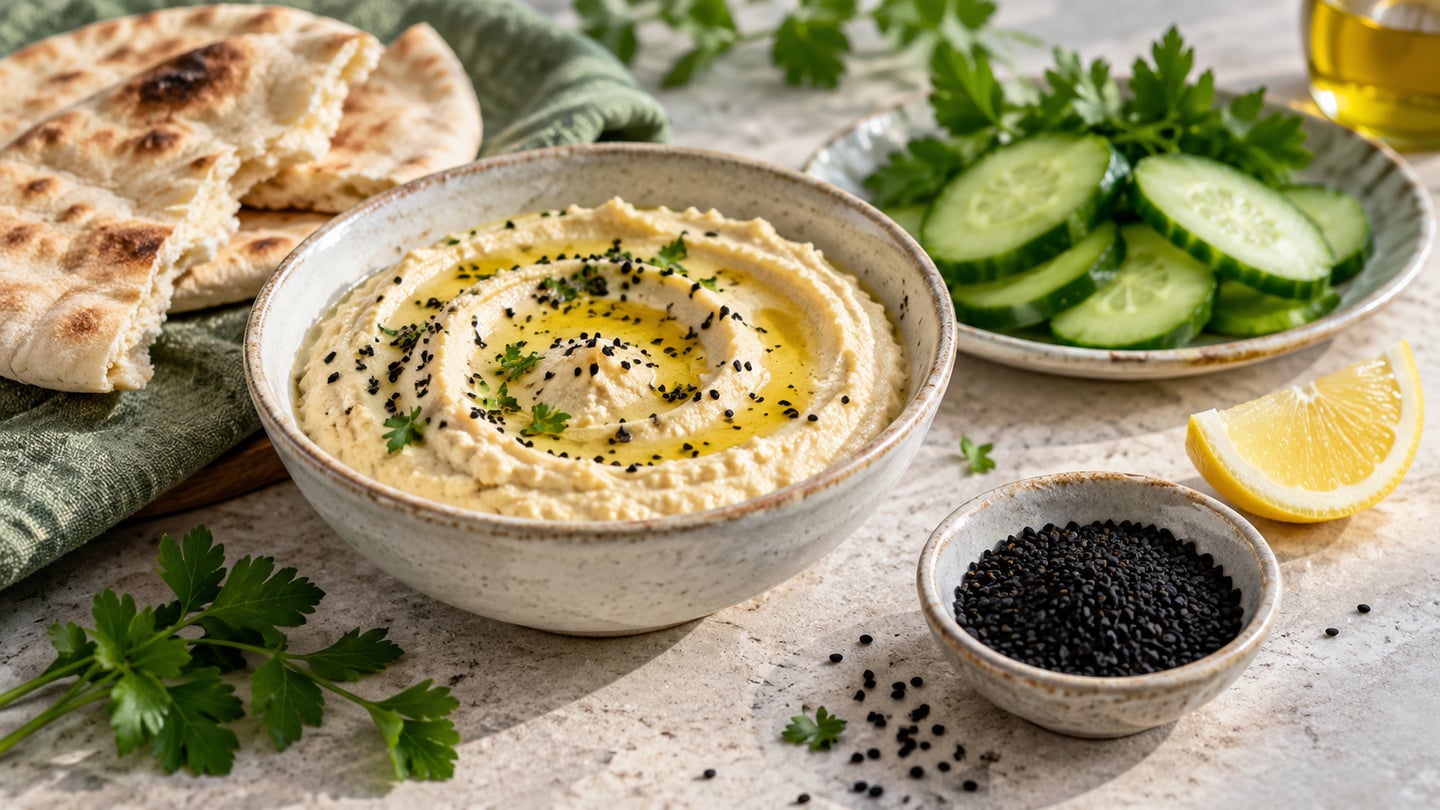 Hummus mit Öl und Schwarzkümmelsamen als Serviervorschlag