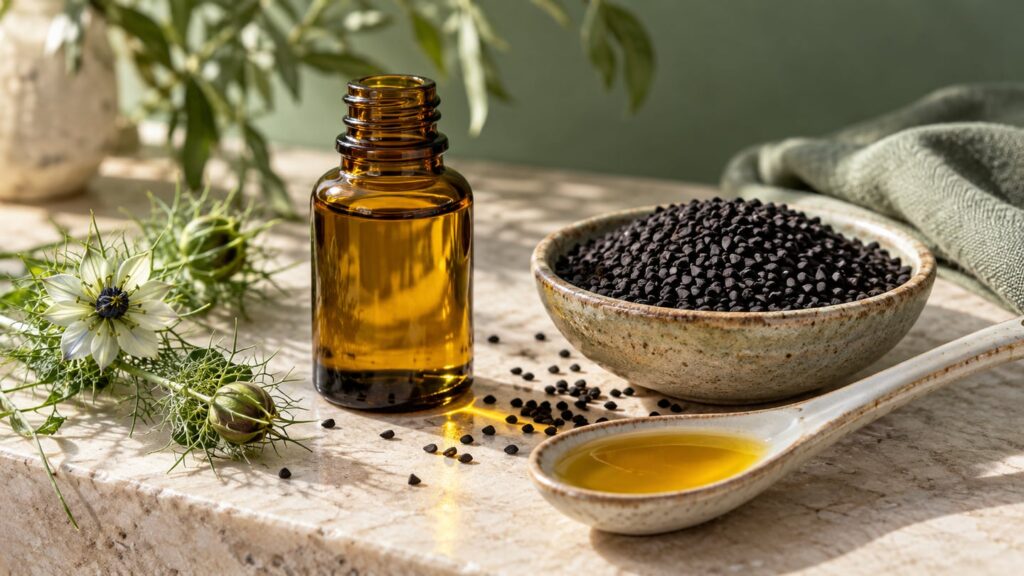 Schwarzkümmelöl in einer Braunglasflasche mit Nigella-sativa-Samen und Öllöffel