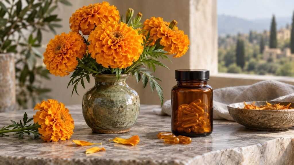 Orange Studentenblumen neben einem neutralen Kapselglas – KI-generiertes Symbolbild