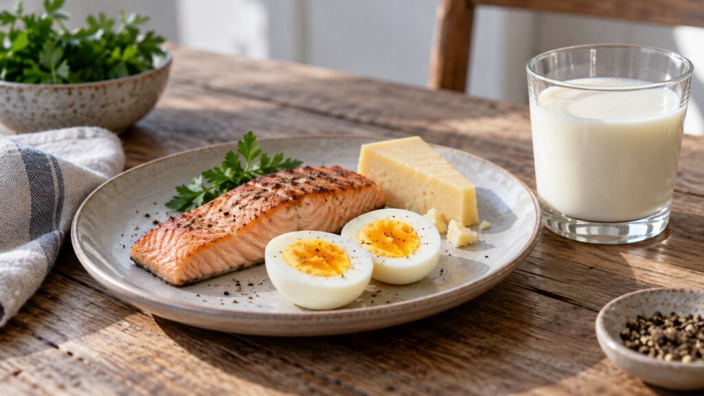 Gegarter Lachs, Ei, Käse und ein Glas Milch als Lebensmittel mit Vitamin B12